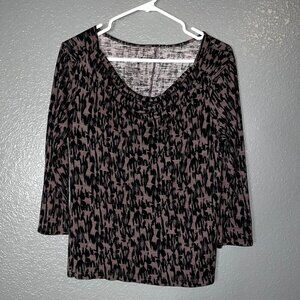 A.I.B. Brown Black Pattern Stretch Top Scoop Neck Long Sleeve Women’s Large